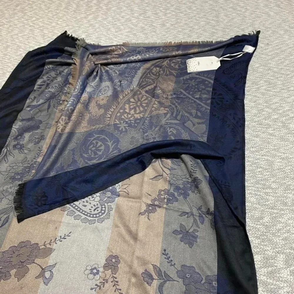 Navy‎ blue and beige floral scarf with tassels. SKU923 #floral #scarf